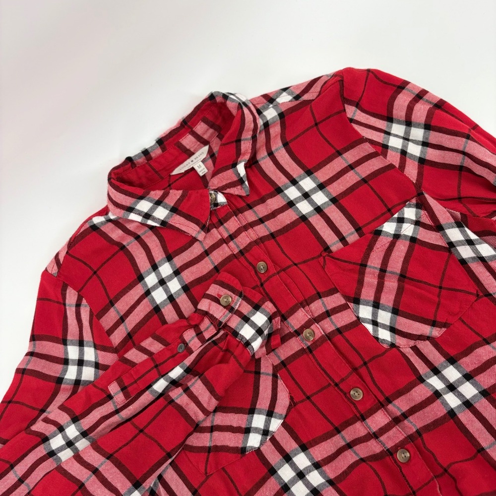 Lucky Brand M Bungalow‎ Plaid Boyfriend Flannel Button Up Long Sleeve Red Black